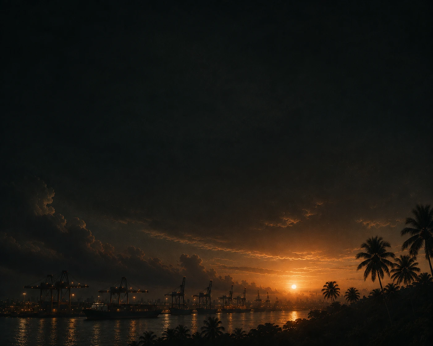 A container port at dusk, cranes and ships silhouetted against a glowing sunset with palm trees in the foreground