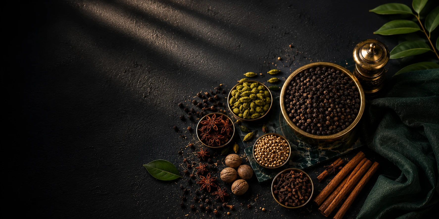 Premium whole spices arranged on a dark surface with a brass pepper mill, dramatic light