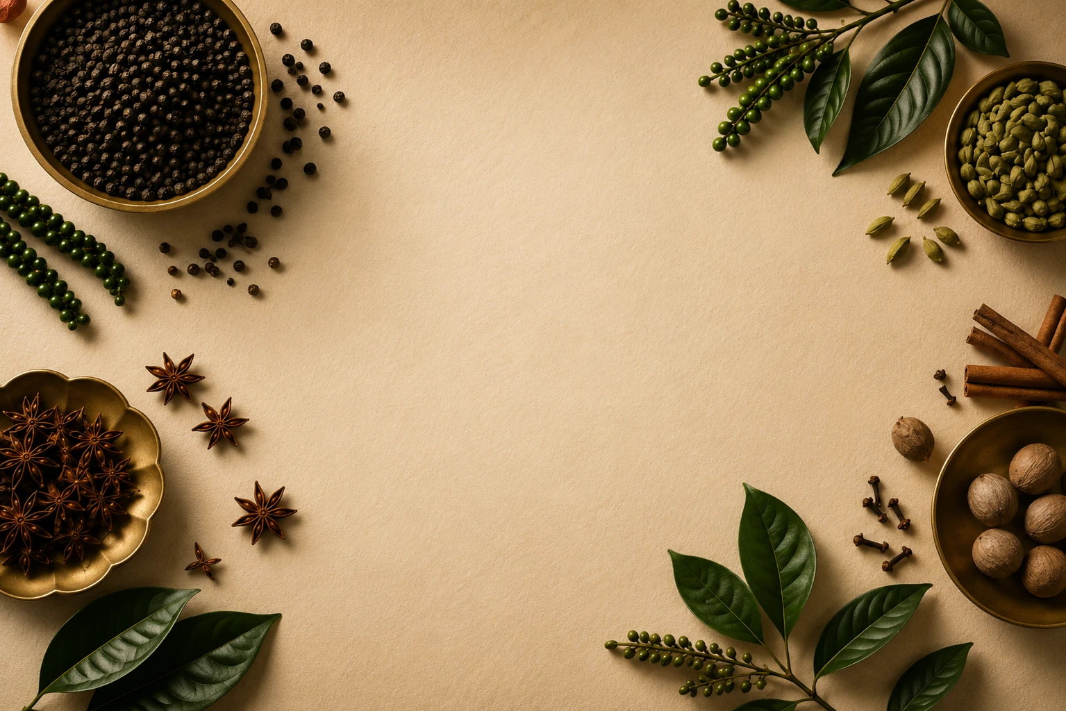Whole spices framing an empty warm-paper surface: black pepper, cardamom, star anise, cinnamon, cloves, nutmeg