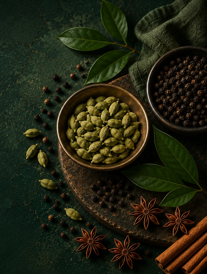 Green cardamom in a brass bowl with black pepper, star anise, cinnamon and bay leaves on a dark green surface