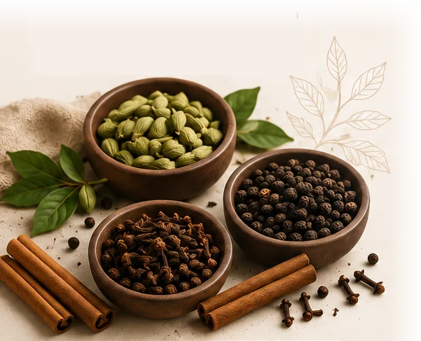 Bowls of green cardamom, cloves and black peppercorns with cinnamon sticks and bay leaves