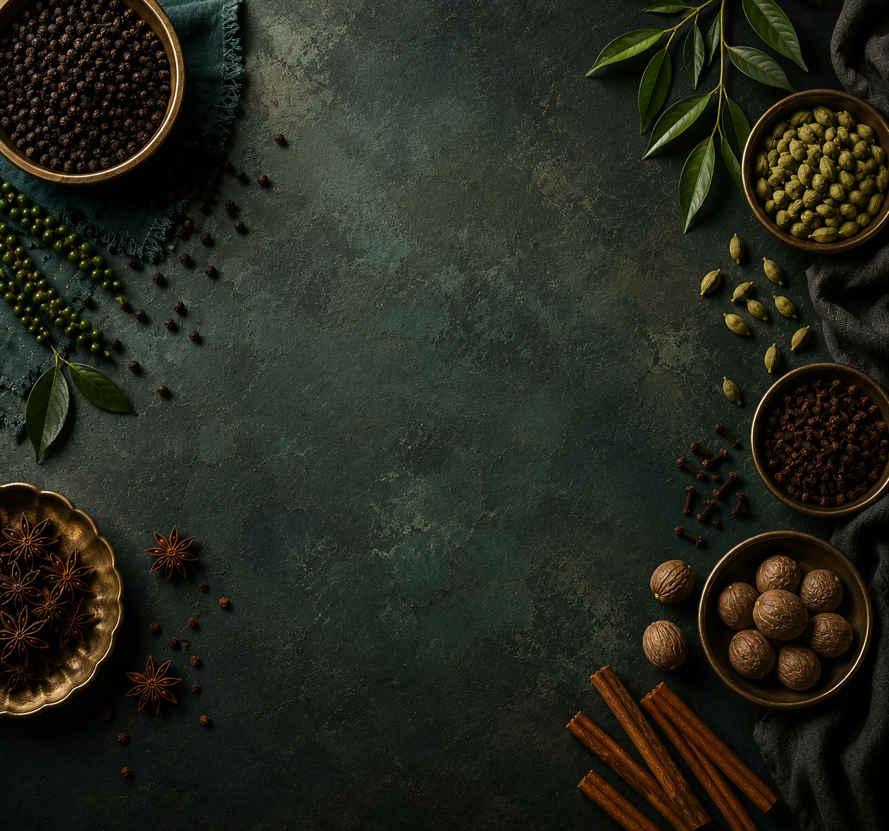 Whole spices framing an empty dark stone surface: black pepper, green cardamom, star anise, cinnamon, nutmeg
